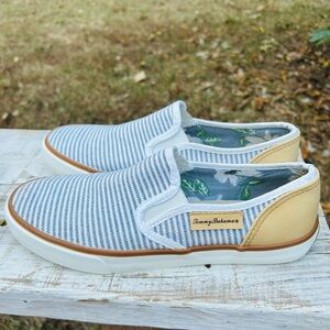Tommy Bahama Blue and White Striped Casual Slip-Ons